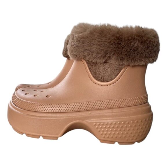SOLD Crocs Stomp Faux Fur Fully Lined Rubber Ankle Boots Color CORK M- 7/W -9 - Picture 4 of 13